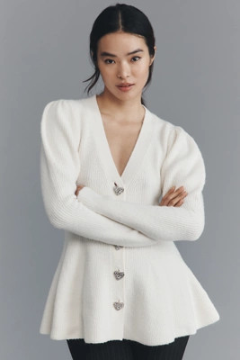 Maeve Puff-Sleeve Heart-Button Cardigan Sweater | Anthropologie (US)