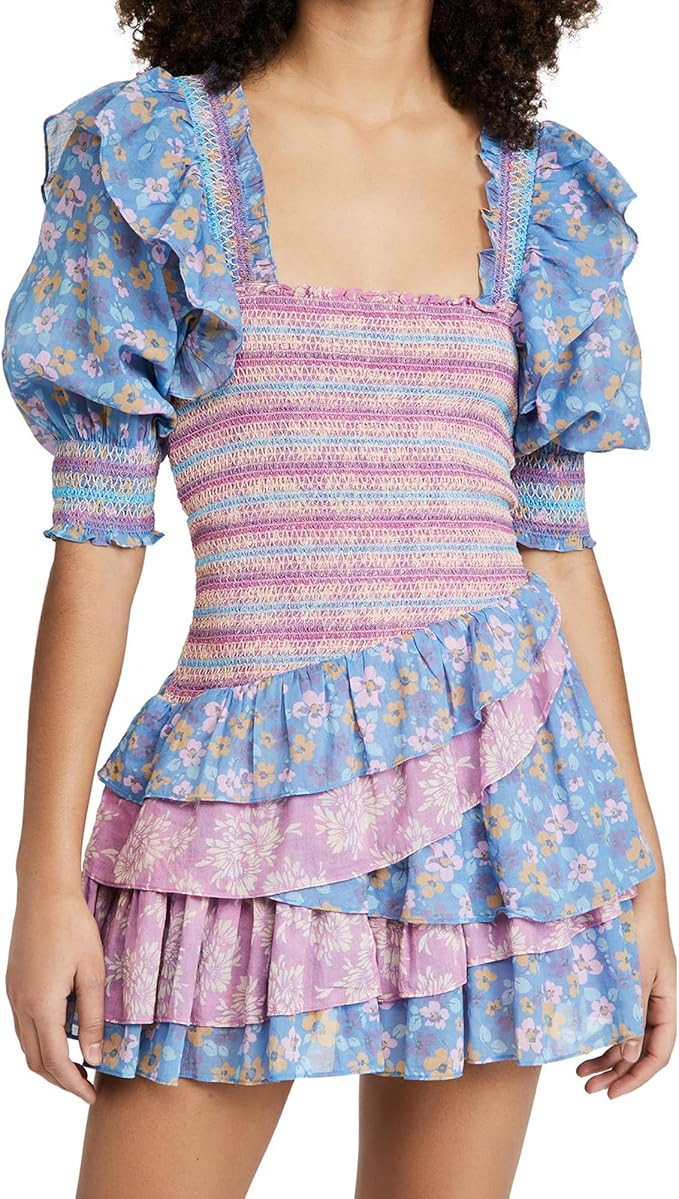 Women Puff Sleeve Mini Dress Casual Floral Square Neck High Waist A-Line Layered Ruffle Babydoll ... | Amazon (US)