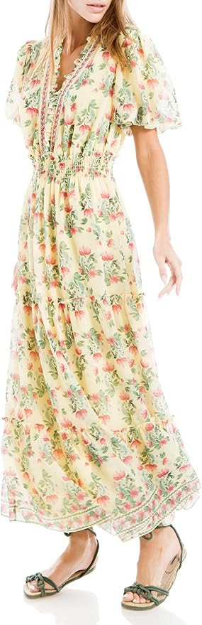 Max Studio Women's Georgette Short Sleeve Ruffle V-Neck Tiered Maxi Dress | Amazon (US)