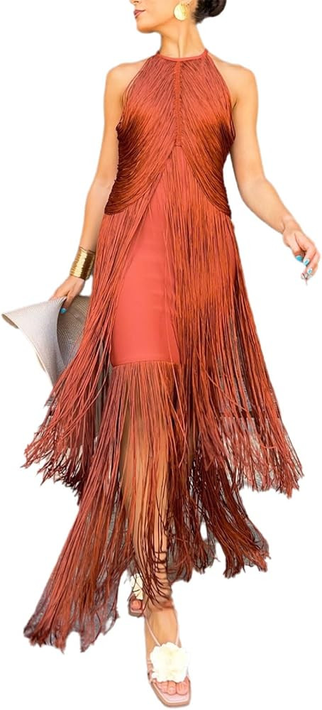 Women's Sleeveless Tassel Maxi Dress, Round Neck Slim Bodycon Fringe | Amazon (US)