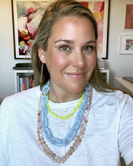 White T-shirt, Erin McDermott jewelry, resin necklace, neon link necklace, fall outfit, layered necklaces 

#LTKunder50 #LTKstyletip