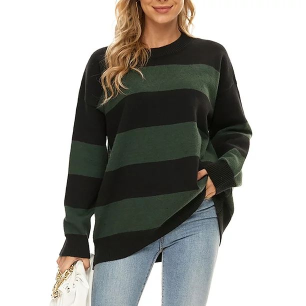 Fantaslook Striped Sweaters for Women Crewneck Oversized Pullover Knit Fall Sweater Tops - Walmar... | Walmart (US)