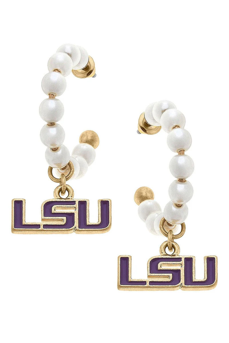 LSU Tigers Pearl Hoop Enamel Drop Earrings | CANVAS