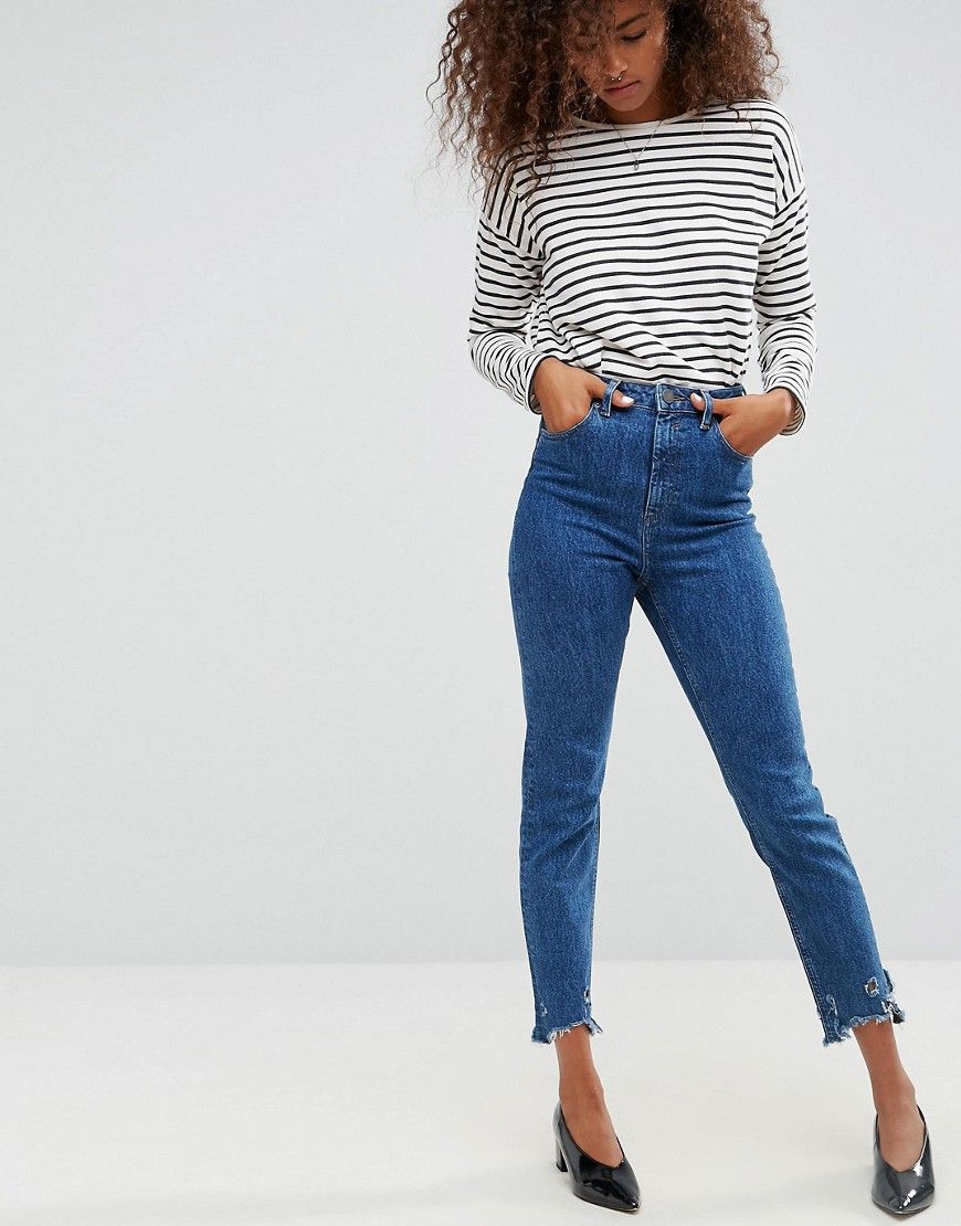 ASOS FARLEIGH High Waist Slim Mom Jeans in Hazel Soft Acid Wash with Arched Raw Hem - Blue | ASOS US