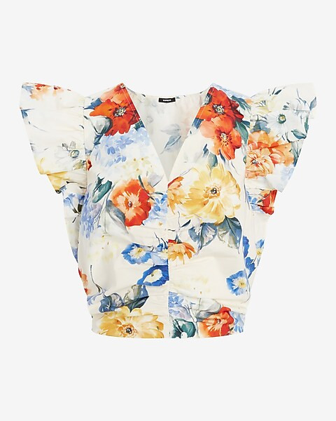 Floral V-Neck Flutter Sleeve Ruched Top | Express
