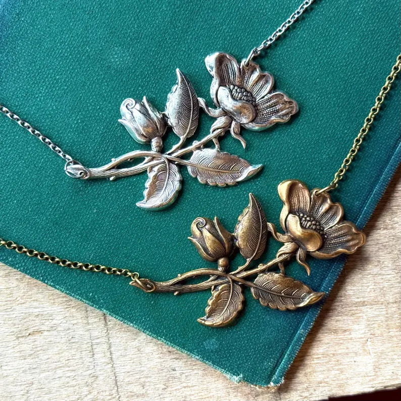 Victorian Rose Necklace in Brass or Silver, Vintage Flower Design Pendant Dark Romance | Etsy (Global)