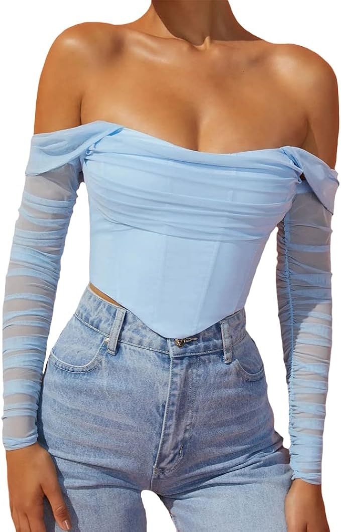 Sdencin Women Long Sleeve Off Shoulder Mesh Ruched Corset Crop Top Asymmetrical Hem Slim Fit Push... | Amazon (US)