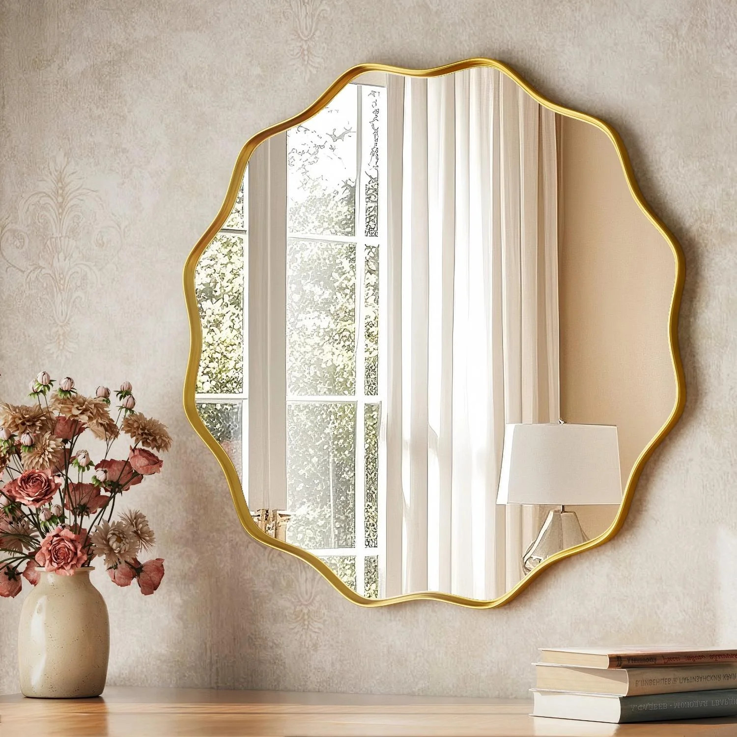 BEAUTYPEAK 24" Wavy Round Bathroom Mirror Wall Decor with Deep Frame, Gold | Walmart (US)