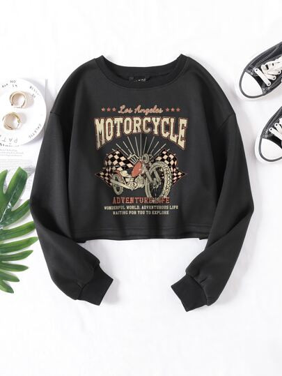 Motorcycle & Letter Graphic Thermal Lined Crop Sweatshirt | SHEIN