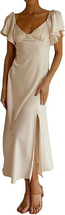 2025 Summer Women's Satin Off Shoulder Formal Dress Wedding Guest Elegant Butterfly Sleeve Split ... | Amazon (US)