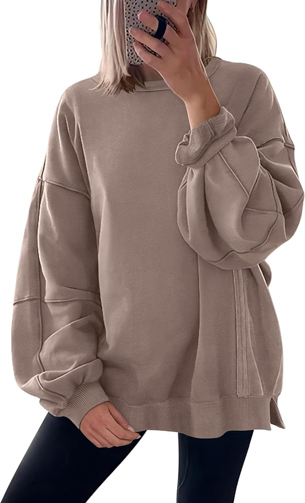 ANRABESS Women Oversized Long Sleeve Sweatshirts Crewneck Side Slit Loose Teen Girl Pullover Top ... | Amazon (US)