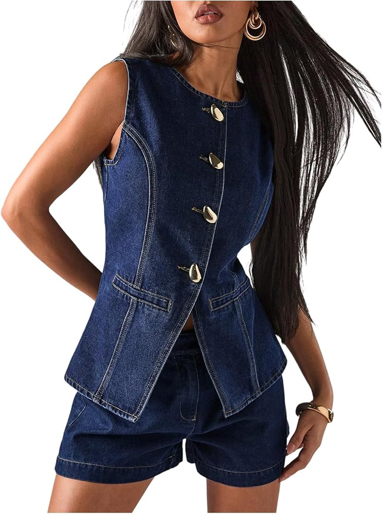 WDIRARA Women's Button Down Denim Vest Sleeveless Tank Top Jean Waistcoat with Metal Buckle | Amazon (US)