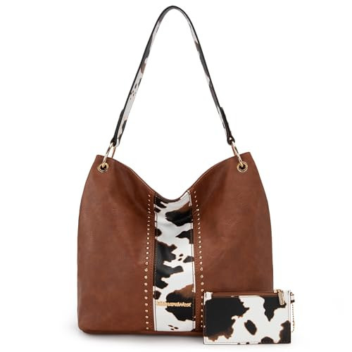 Montana West Purses for Women Cow Print Hobo Shoulder Bag Western Leather Tote Bag with Zipper Wallet for Gift Travel Casual Work MWC-1031BR | Amazon (US)