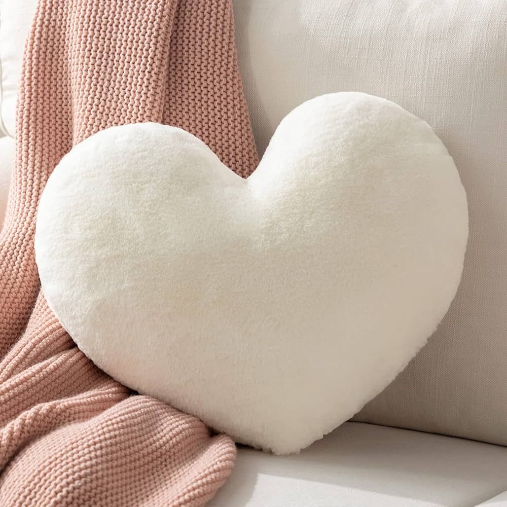 Ashler Off White Heart Shaped Throw Pillows, Faux Fur Rabbit 3D Fluffy Heart Throw Decorative Pillow | Amazon (US)