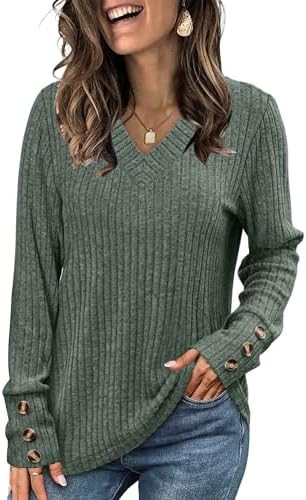 WIHOLL V Neck Long Sleeve Shirts for Women with Bottons Casual Fall Outfits Lightweight Tunic Swe... | Amazon (US)