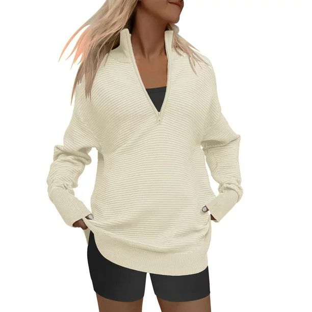 DEEP SELF Womens Sweaters 1/4 zip Pullover Ribbed Knit Winter White Christmas Sweater - Walmart.c... | Walmart (US)