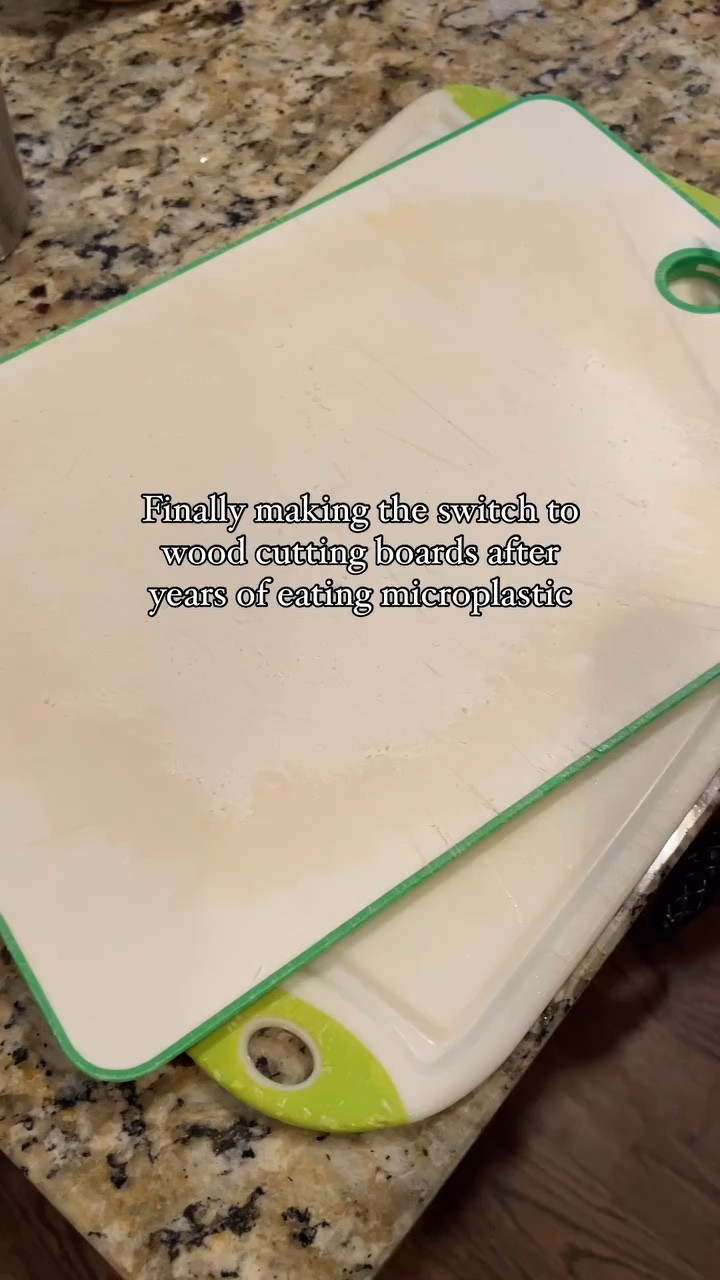The way the plastic scraped up so easily 😵‍💫 

We consume microplastics in many different forms, but if I can consciously choose to NOT cook with them, it’s better than living in ignorance. You can reduce the amount of plastic and it gets easier when you focus on the small choices, which add up over time.

Many people are saying wooden boards harbor bacteria and mold. The truth is, some woods are naturally antimicrobial and if you clean and dry them properly, there shouldn’t be huge issue. My stomach is able to breakdown wood better than plastic. You can always pop them in the oven at a low temperature or leave them in the sun to sanitize if you’re worried about bacteria. I’m sure there are better wood boards out there made without chemicals, and I’m choosing to focus on the small wins of slowly switching to better sustainable choices.

Glass and stone apparently has a risk of leaving shards of glass or metal in your food…

#LTKHome
