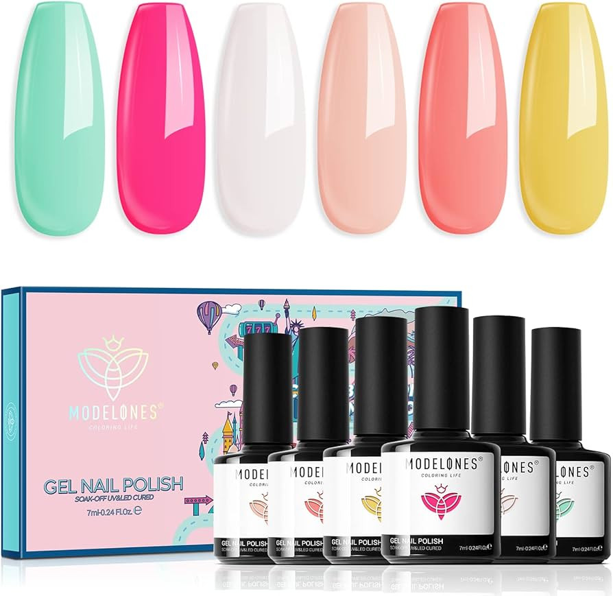modelones Gel Nail Polish Set - 6 Colors Summer Gel Polish Mint Green Rose Red Nail Polish Gel Wh... | Amazon (US)