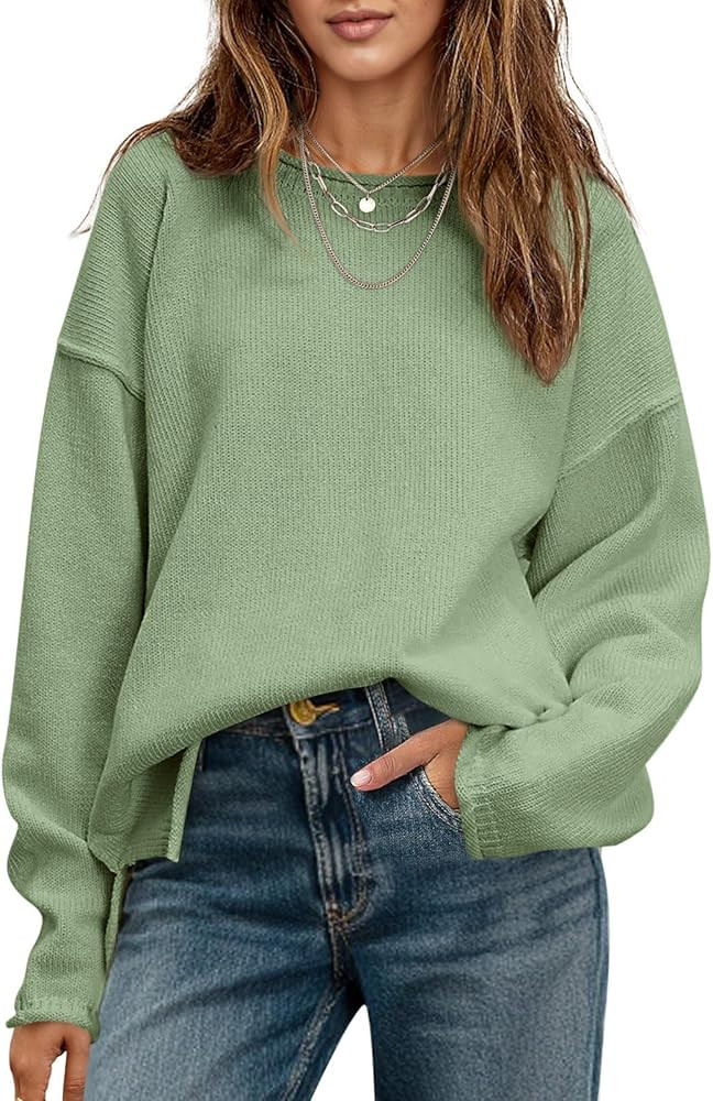 Saodimallsu Womens Oversized Crew Neck Sweaters Long Sleeve Slouchy Knit Fall Casual Loose Side S... | Amazon (US)