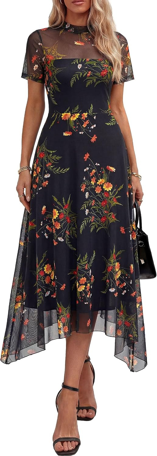 PRETTYGARDEN Women's Floral Mesh Midi Dress | Amazon (US)