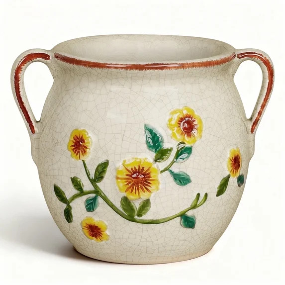 BUYMAX 6 inch Rustic Ceramic Planter with Handles, Embossed Sunflower Pot, Vintage Crackle Glaze ... | Walmart (US)
