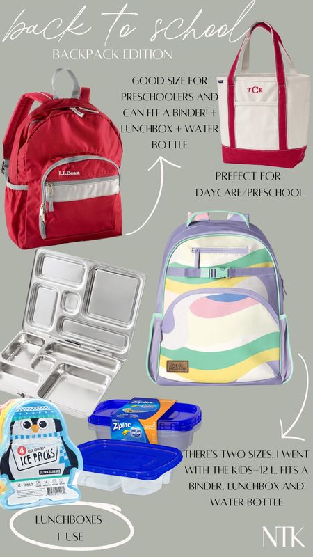 Back to school - backpack and lunchbox edition: LL Bean is the junior backpack 16L and the Lands End is in size medium with a zipper top and regular handles 

#LTKBacktoSchool