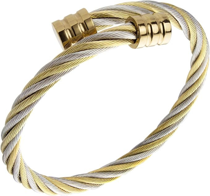 555Jewelry 2 Tone Adjustable Twisted Cable Wire Bangle Bracelet Cuff for Women & Men Silver & Gol... | Amazon (UK)