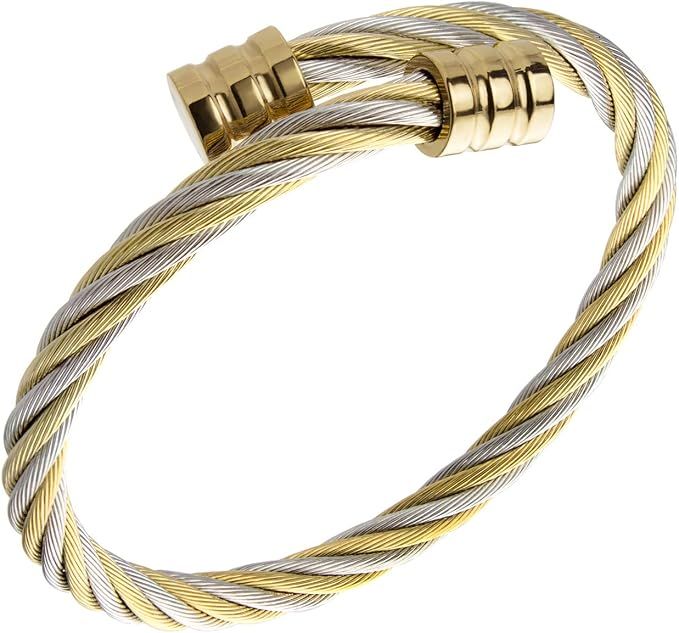 555Jewelry 2 Tone Adjustable Twisted Cable Wire Bangle Bracelet Cuff for Women & Men Silver & Gol... | Amazon (UK)
