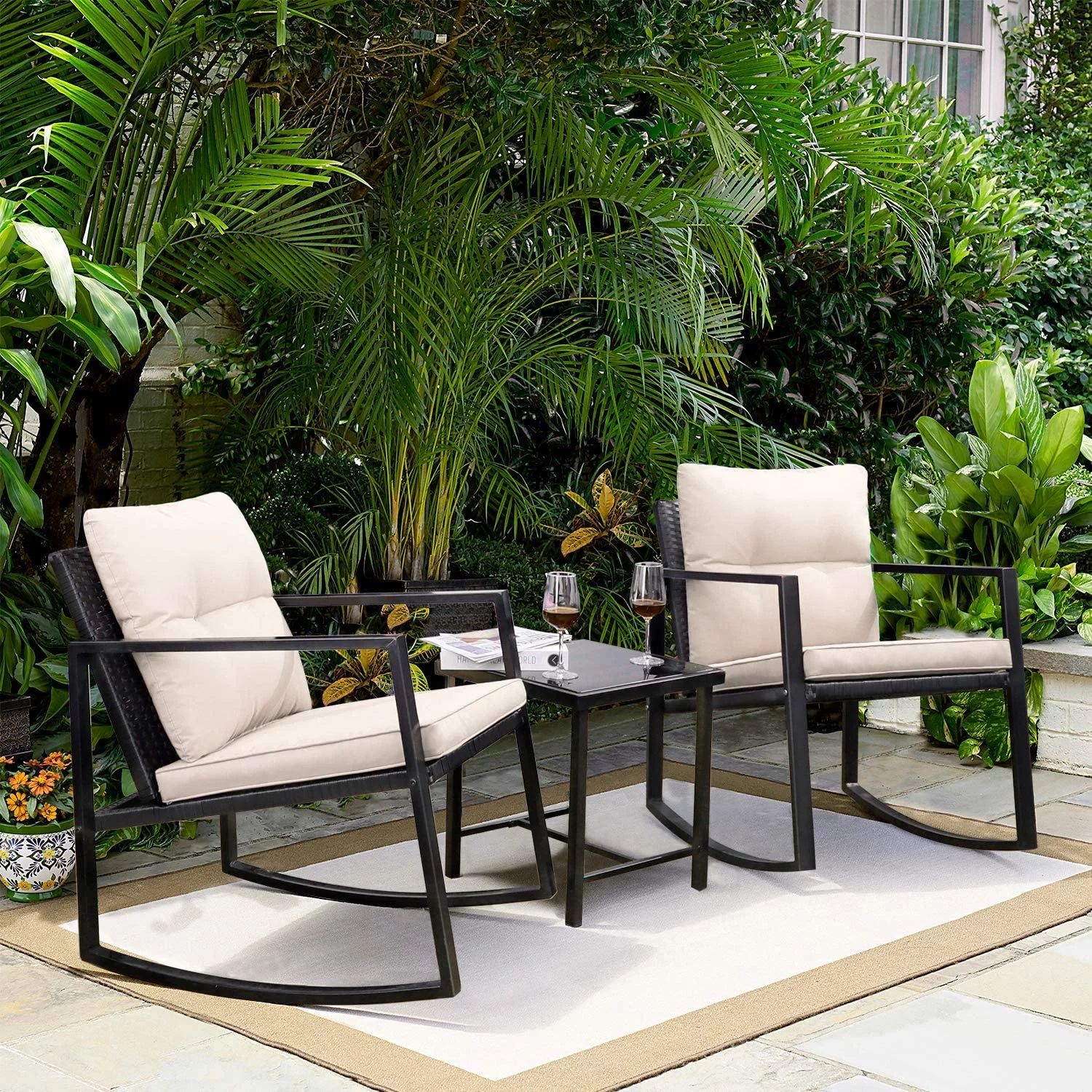 Devoko 3 Pieces Patio Furniture Sets Outdoor PE Rattan Bistro Rocker Conversation Sets with Glass... | Walmart (US)