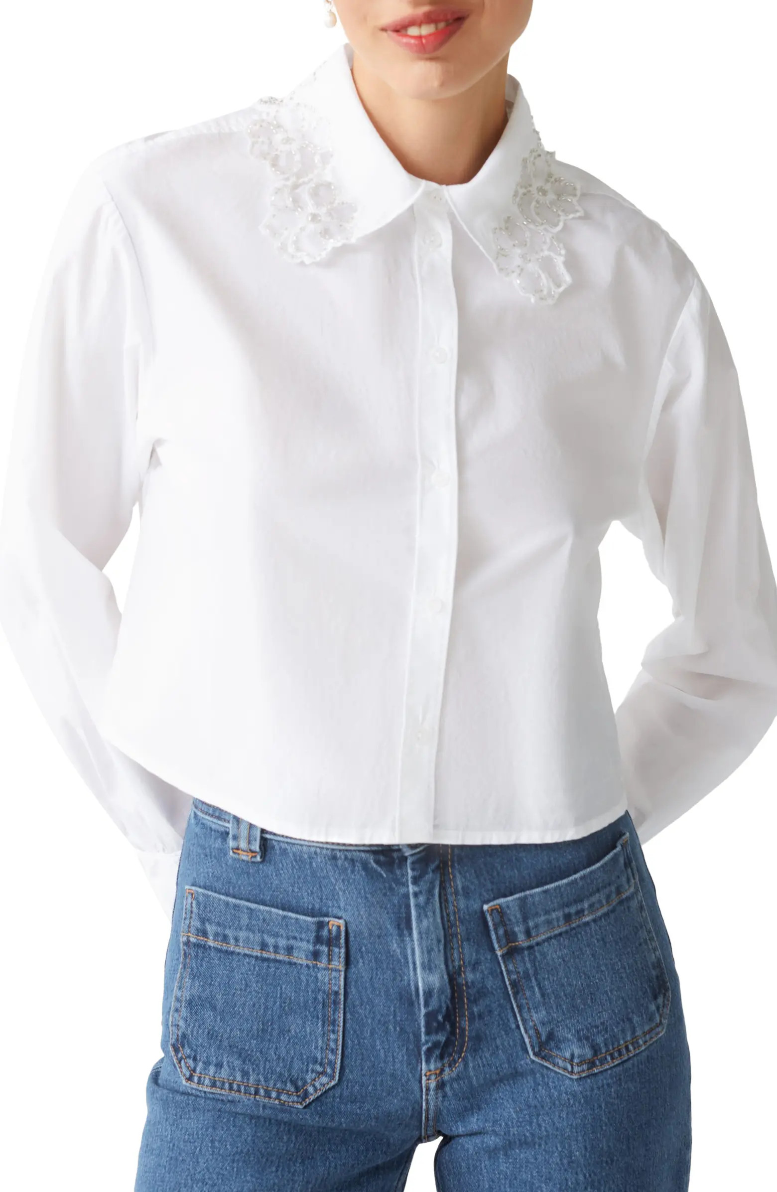 & Other Stories Floral Embellished Collar Crop Button-Up Shirt | Nordstrom | Nordstrom