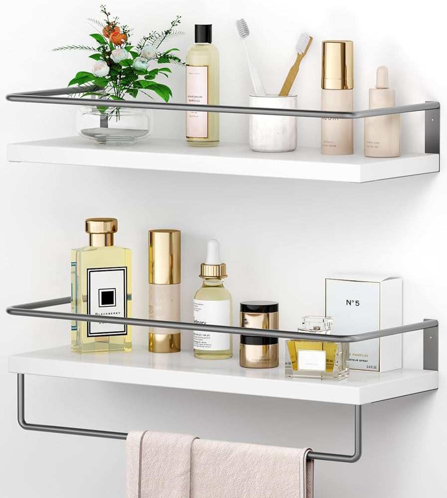 Onlysky White Floating Shelves with Dark Grey Towel Rack - Set of 2 Wall Mounted Hanging Bathroom... | Amazon (US)