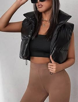 Zhiyouni Womens Faux Leather Sleeveless Puffer Vest Zipper Winter Padded Jacket Vest Gilet | Amazon (US)