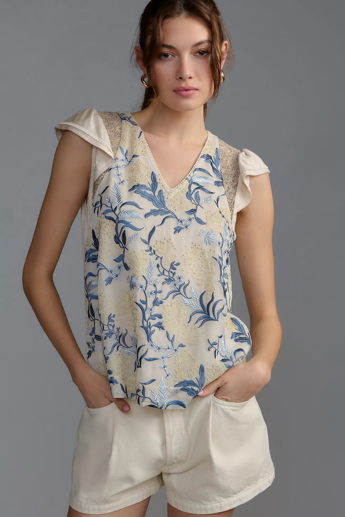 Tiny Flutter-Sleeve Embroidered Top | Anthropologie (US)