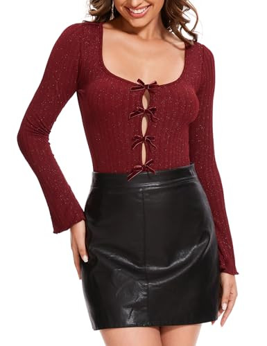 EYWOL Red Bodysuit Women Long Sleeve Body Suit Sequin Ribbed Body Suits for Womens Bell Sleeve Tie Front Sparkly Top Fall Outfits | Amazon (US)