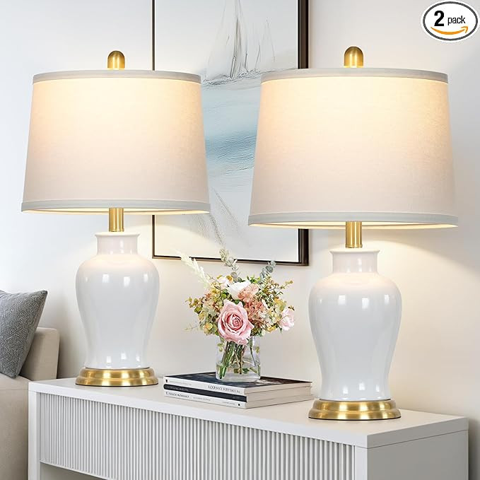 Modern Ceramic Table Lamps Set of 2, 23" White Ceramic Lamps for Living Room, Rustic Farmhouse Be... | Amazon (US)