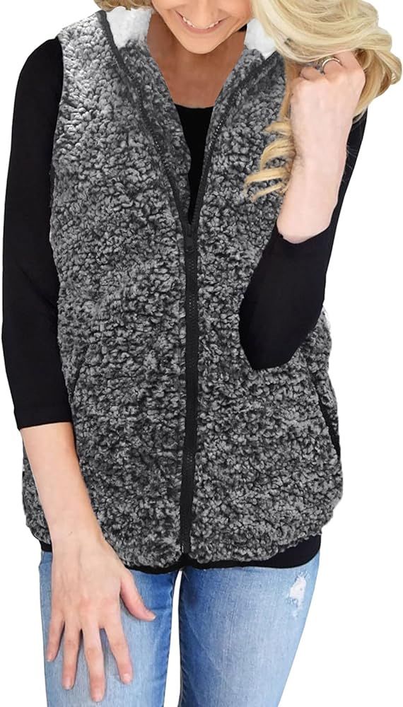 MEROKEETY Women's Casual Sherpa Fleece Lightweight Fall Warm Zipper Vest with Pockets | Amazon (US)