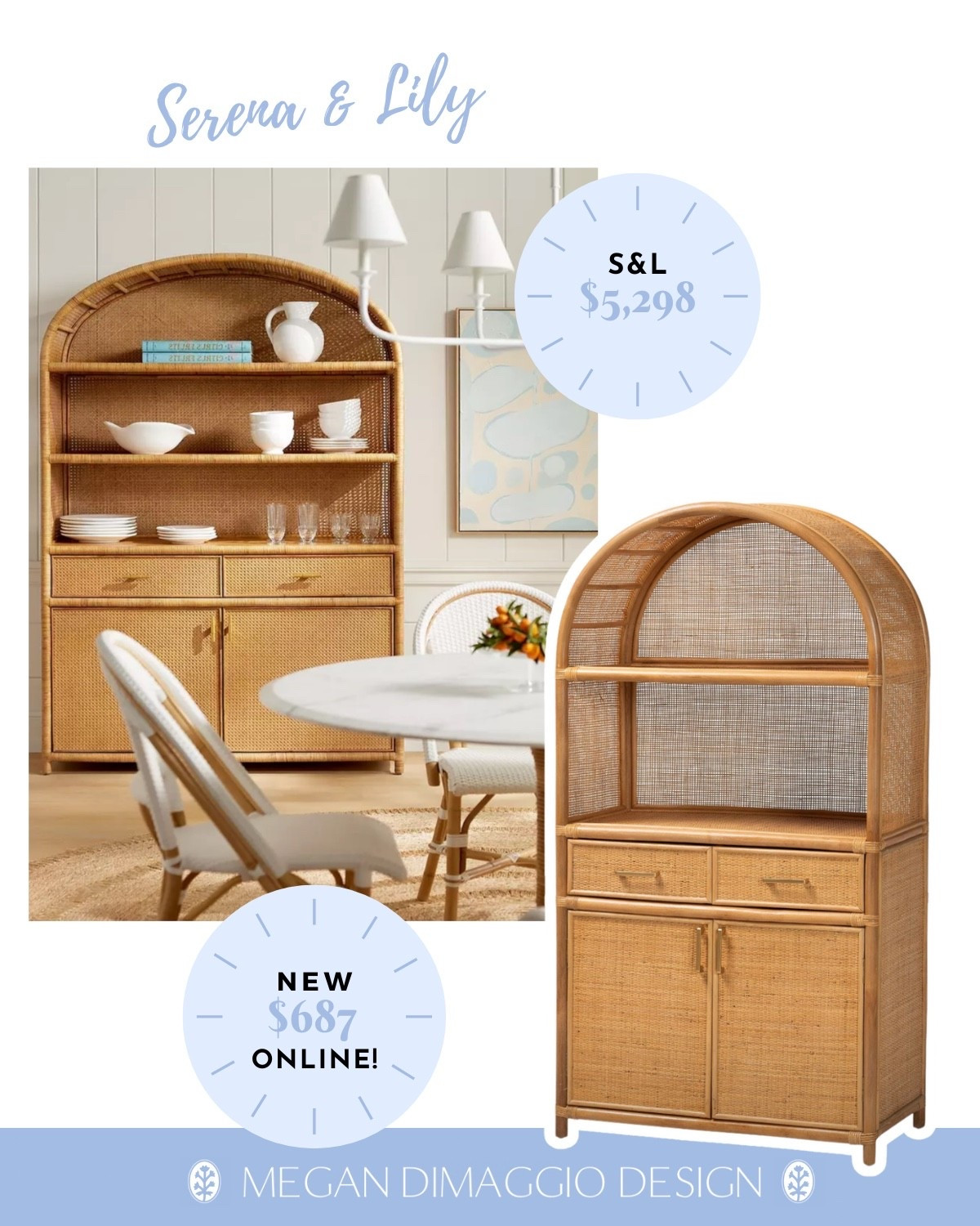 Wow!! Brand new Serena & Lily Nassau rattan hutch look for THOUSANDS less!! It is a smaller version but still an excellent size!! Use in a dining space, office or bedroom!!