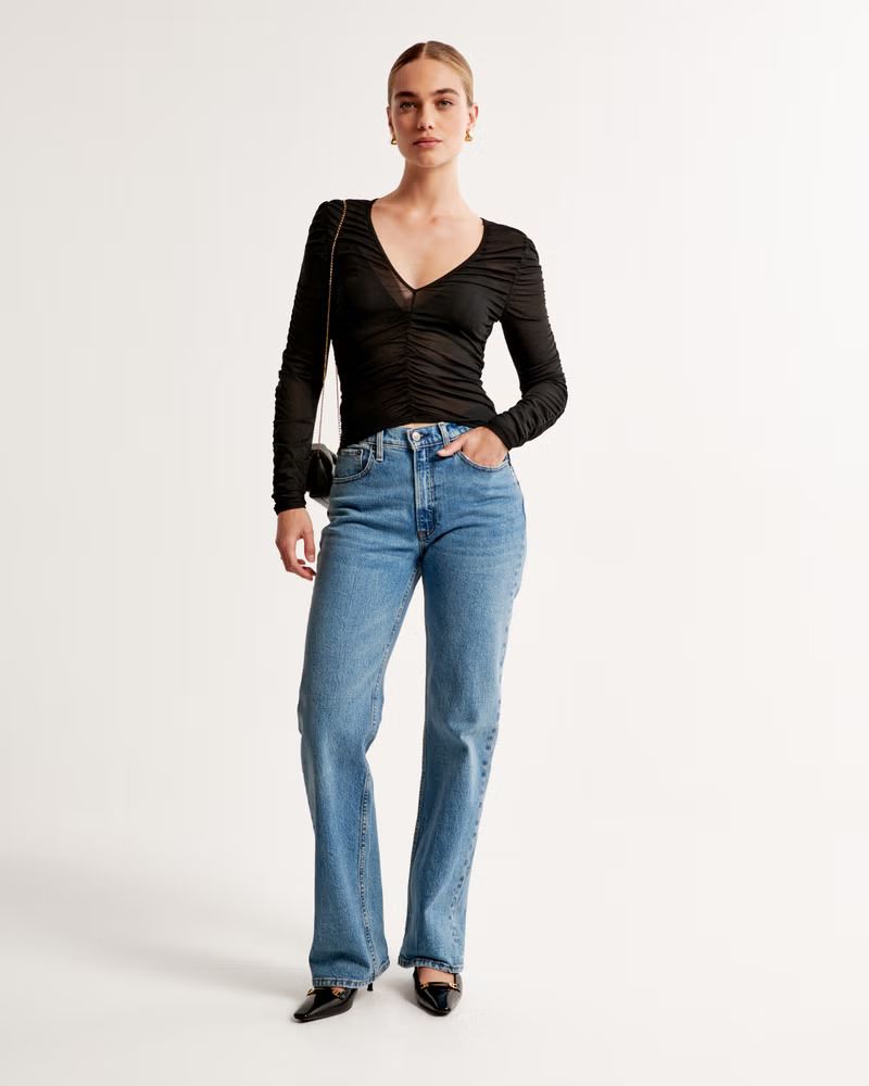 Long-Sleeve Mesh Ruched Top | Abercrombie & Fitch (US)