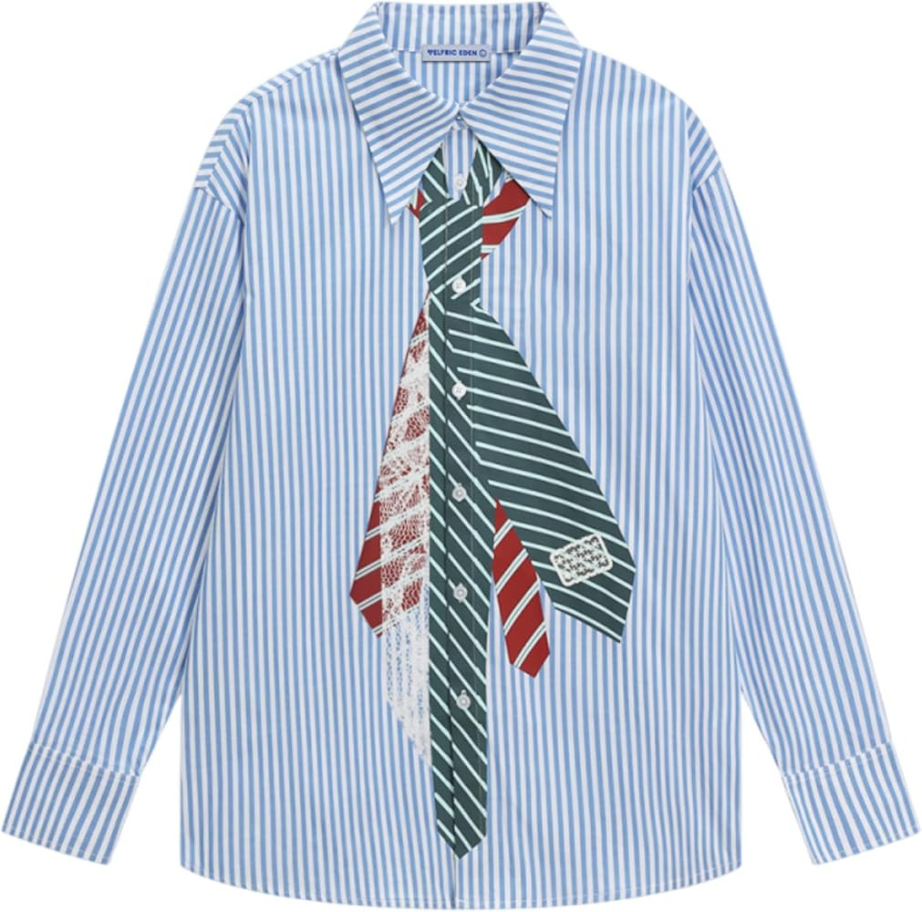 Aelfric Eden Button Down Shirts Unisex Necktie Print Stripe Long Sleeve Shirt Casual Streetwear S... | Amazon (US)