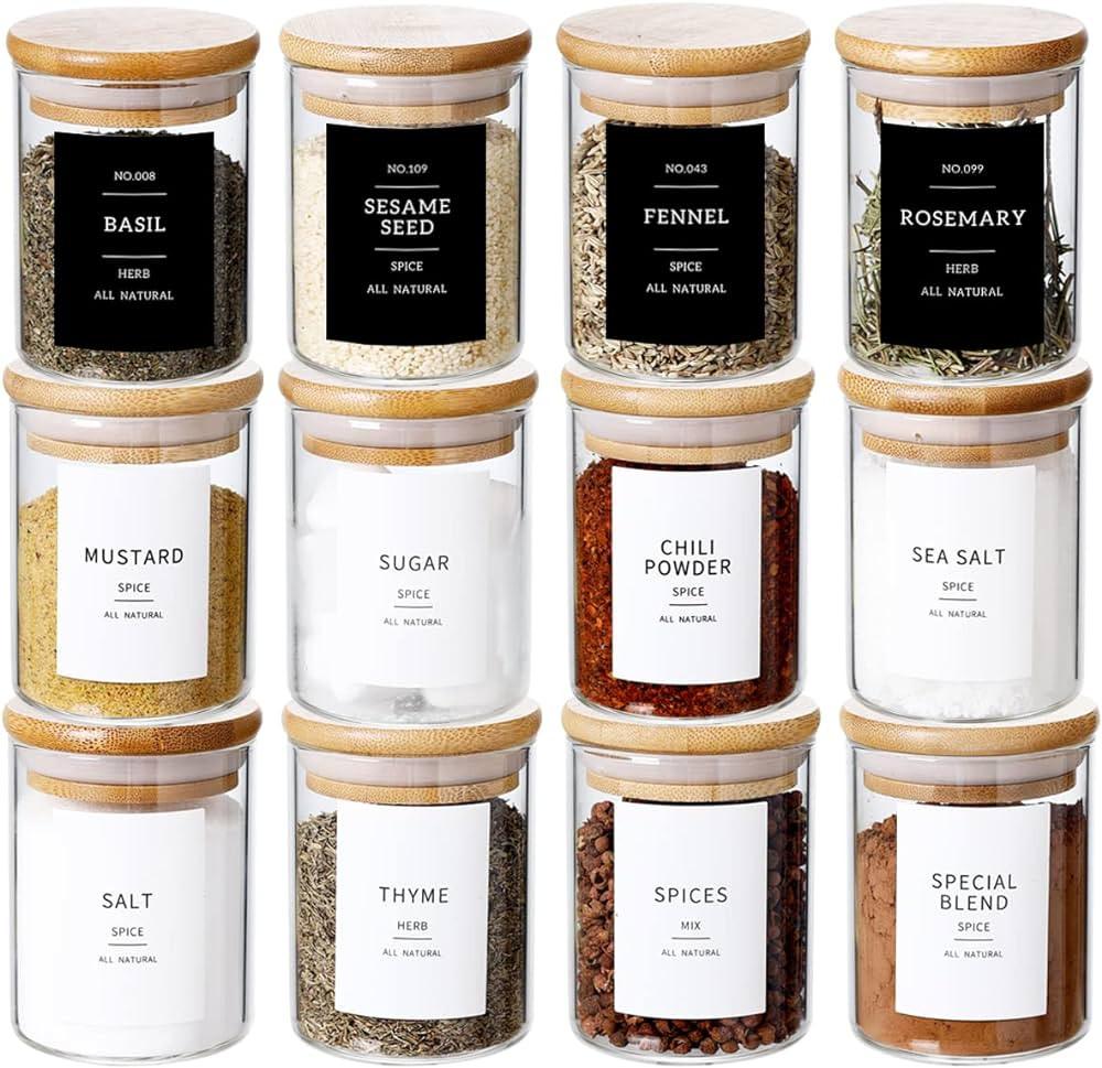 CZZGSM 12 Pcs Glass Spice Jars With 296 Spice Labels Preprinted of White and Black Color- 6oz Thi... | Amazon (US)
