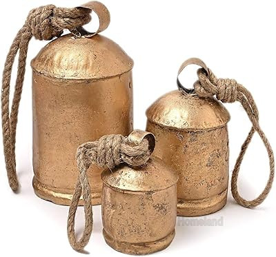 HIGHBIX 10-16-25cm Large Handmade Set of 3 Rustic Vintage Lucky Cow Bells On Rope with Jute Bag Wall | Amazon (US)