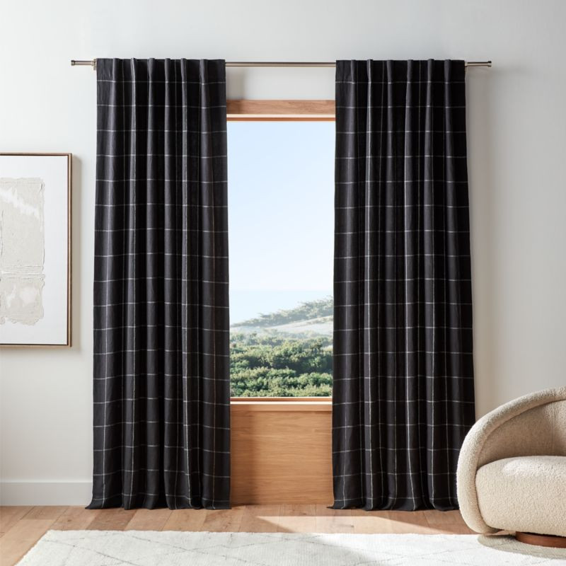 Storm Grey & Crisp White Linen Double Pinstripe Grid Window Curtain Panel 52"x96" + Reviews | Cra... | Crate & Barrel