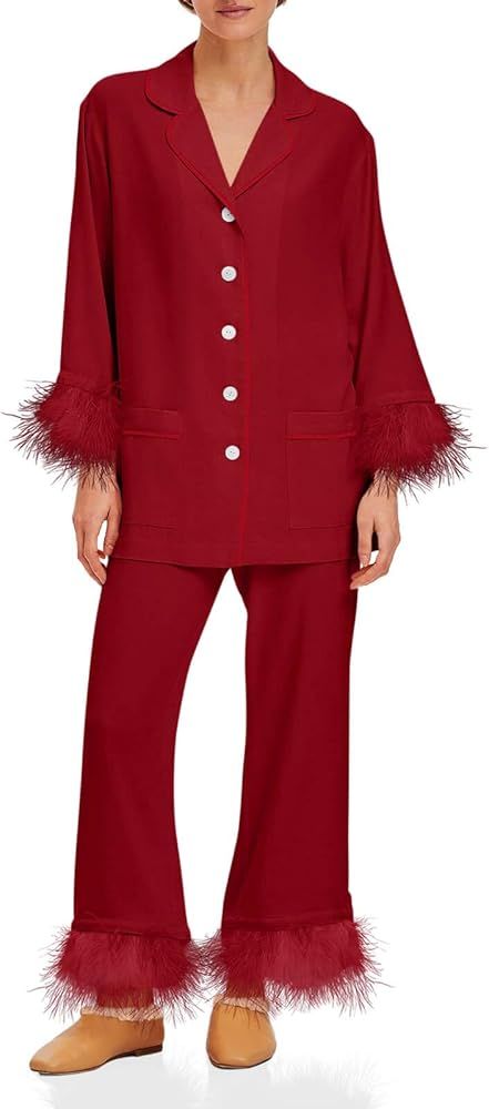 Tankaneo Womens Feather trim Pajama Sets Button Down Long Sleeve Tops Wide Leg Pants Pj Set Soft ... | Amazon (US)