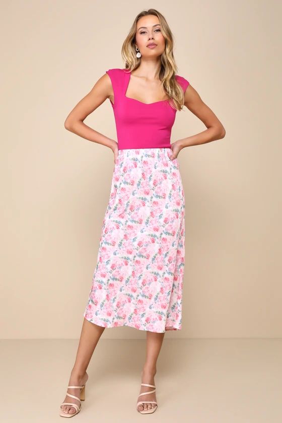 Endearing Presence Light Pink Floral Satin High-Rise Midi Skirt | Lulus