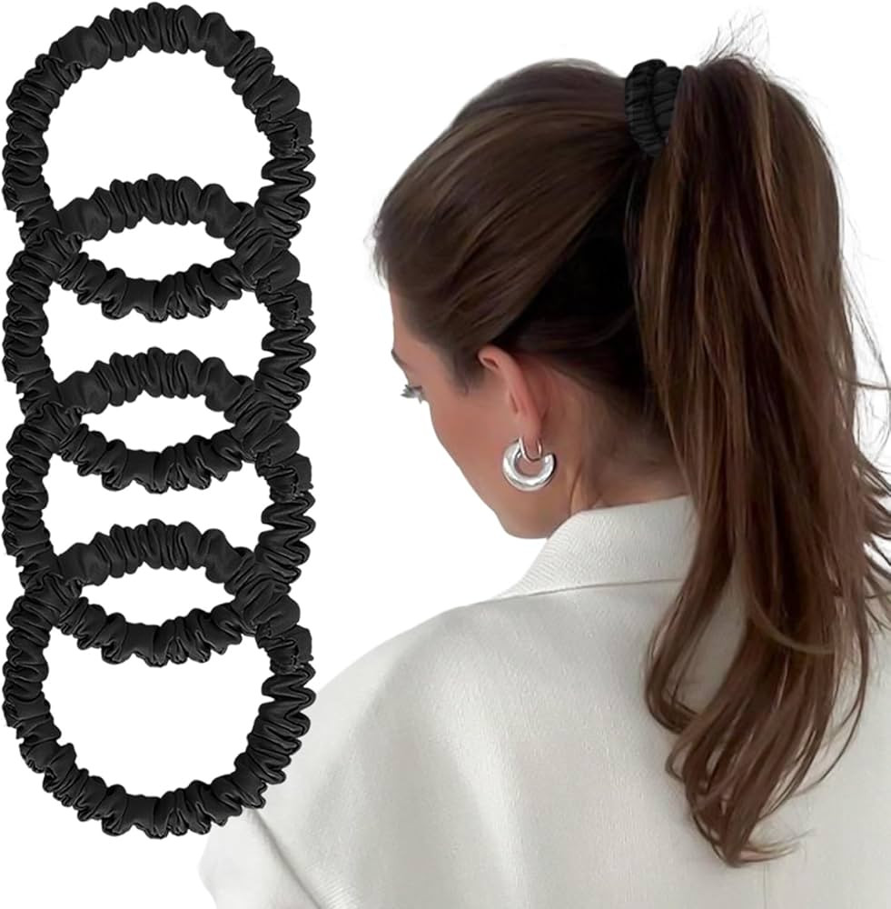 Mulberry Silk Scrunchies for Women 4 PACK, Silk Hair Ties Non Slip, Black Small Thin Silk Scrunch... | Amazon (US)