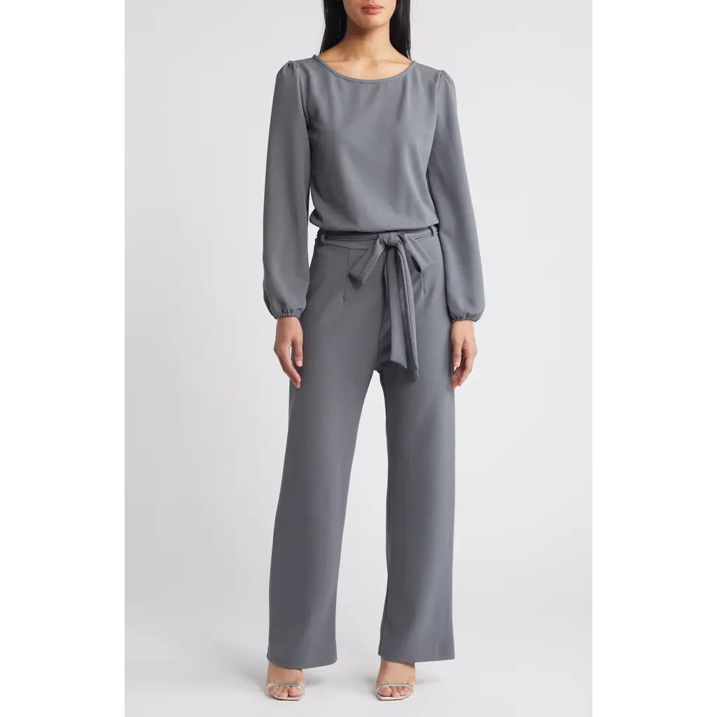 NIKKI LUND Laurie Long Sleeve Tie Waist Jumpsuit in Grey at Nordstrom, Size X-Large | Nordstrom