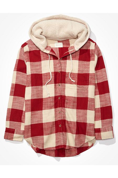 AE Plaid Flannel Hooded Button Up Shirt Women's Red M | American Eagle Outfitters (US & CA)