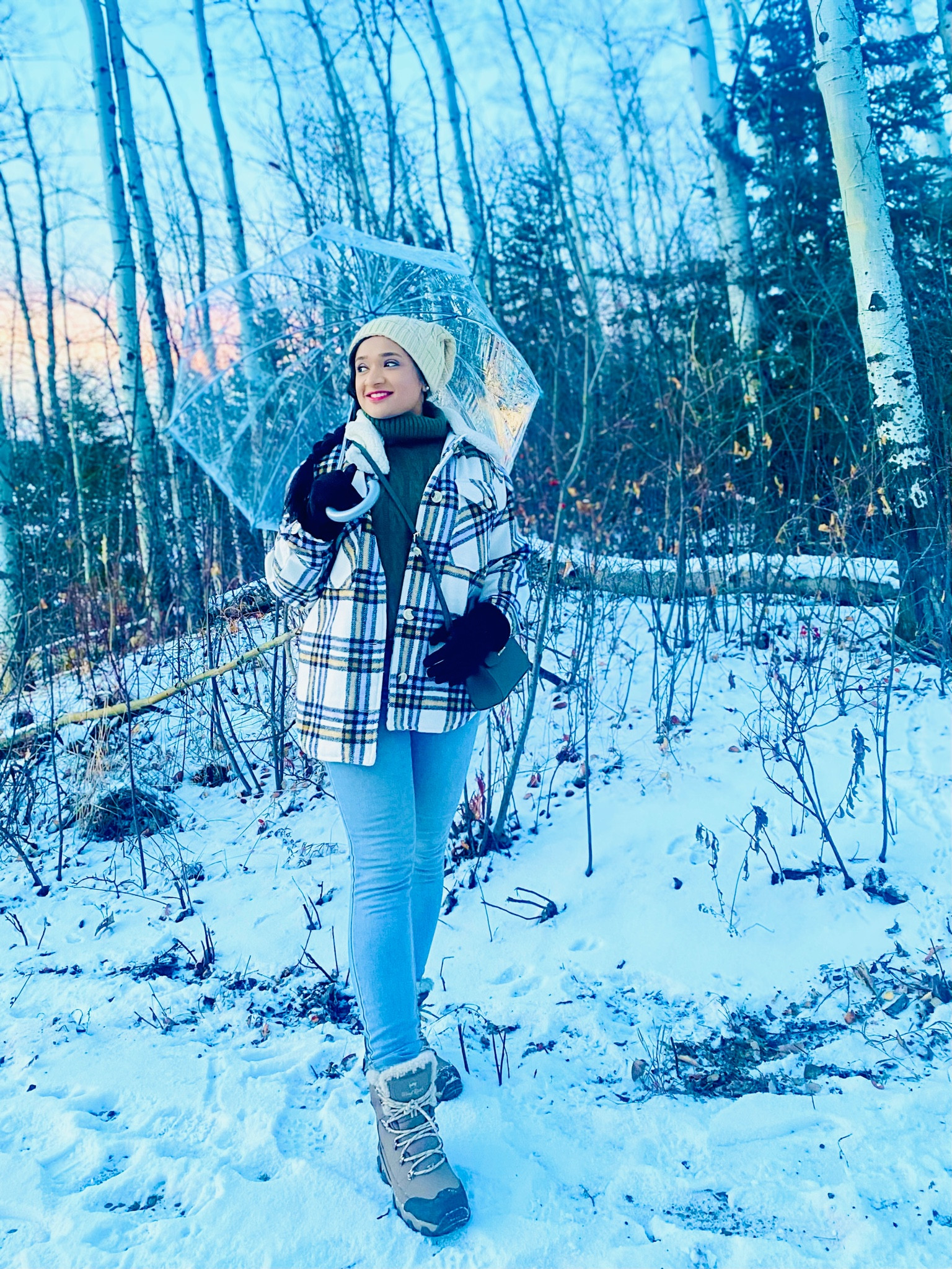 A chic winter look
Plaid shacket, green pullover, gloves, denim, boots, beanie

#LTKSeasonal #LTKstyletip #LTKHoliday