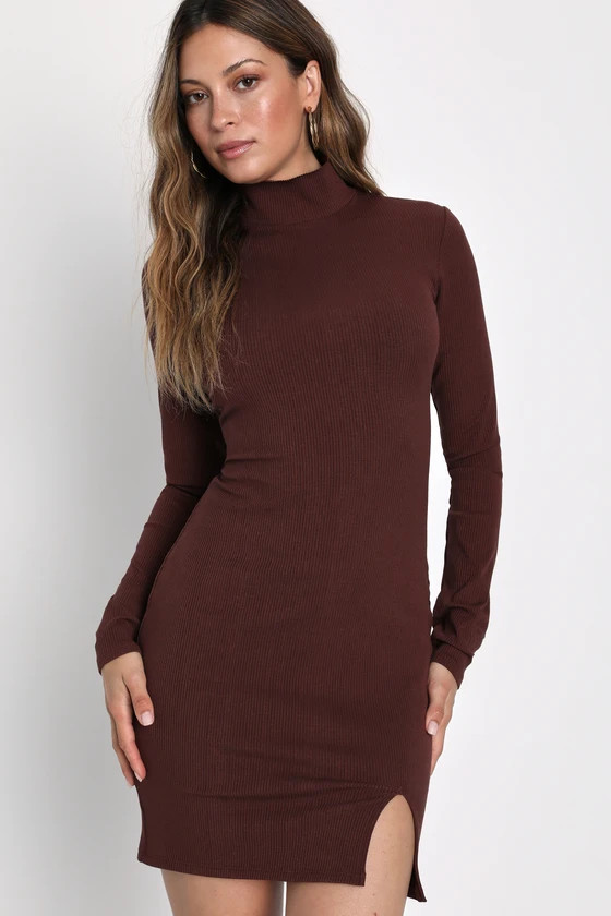 Sweet Season Brown Ribbed Mock Neck Long Sleeve Bodycon Dress | Lulus (US)