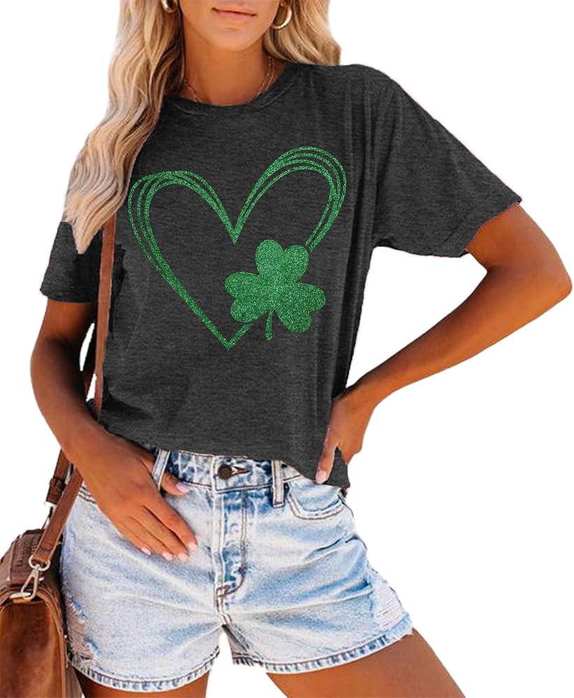 St. Patrick's Day Shirts for Women Shamrock Heart Graphic Tees St Patty's Lucky T-Shirt Irish Top... | Amazon (US)